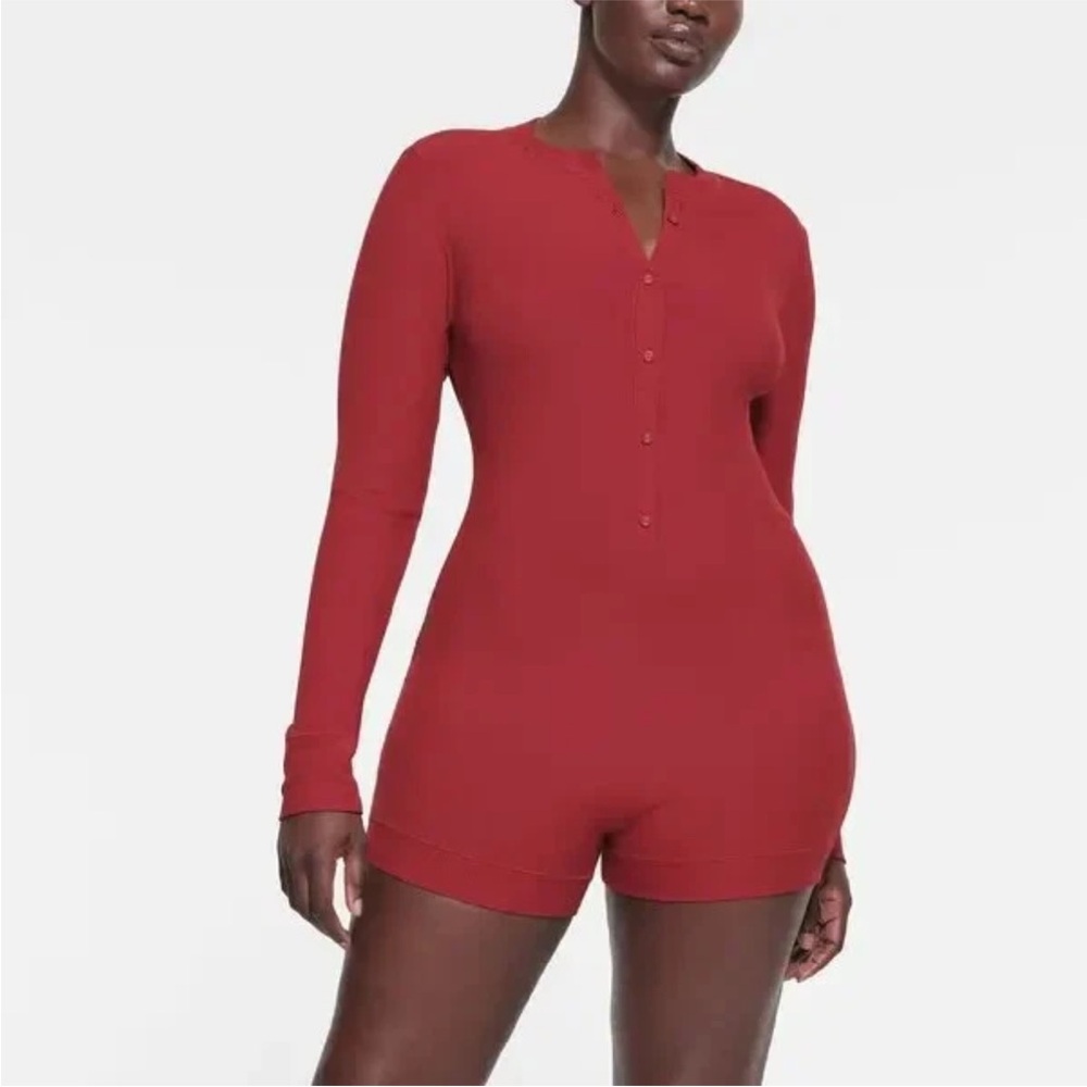 Skims Soft Lounge Henley Onesie in Brick - Picture 2 of 8
